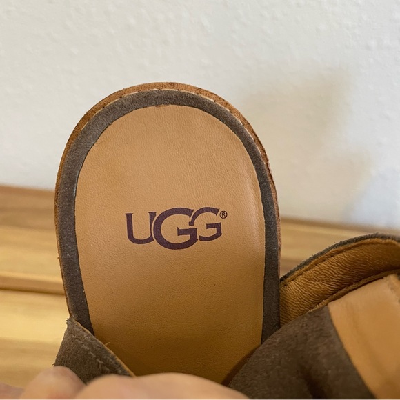 UGG Bootie Valencia Chestnut Brown Suede Leather Peep Toe Stacked Heel Size 7.5 - Picture 4 of 13